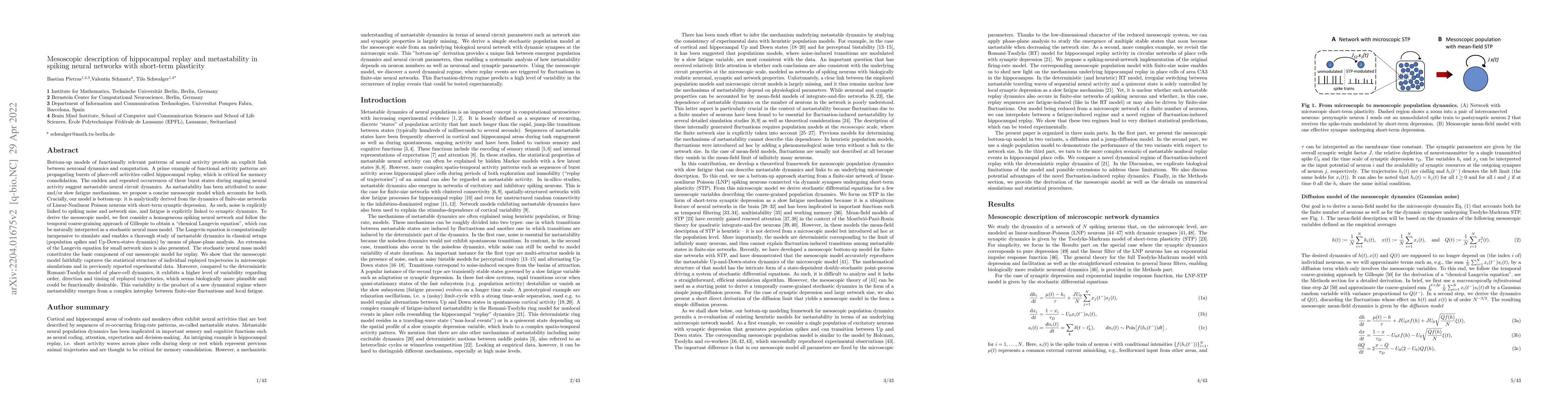 Thumbnail for Mesoscopic description of hippocampal replay and metastability in
  spiking neural networks with short-term plasticity
