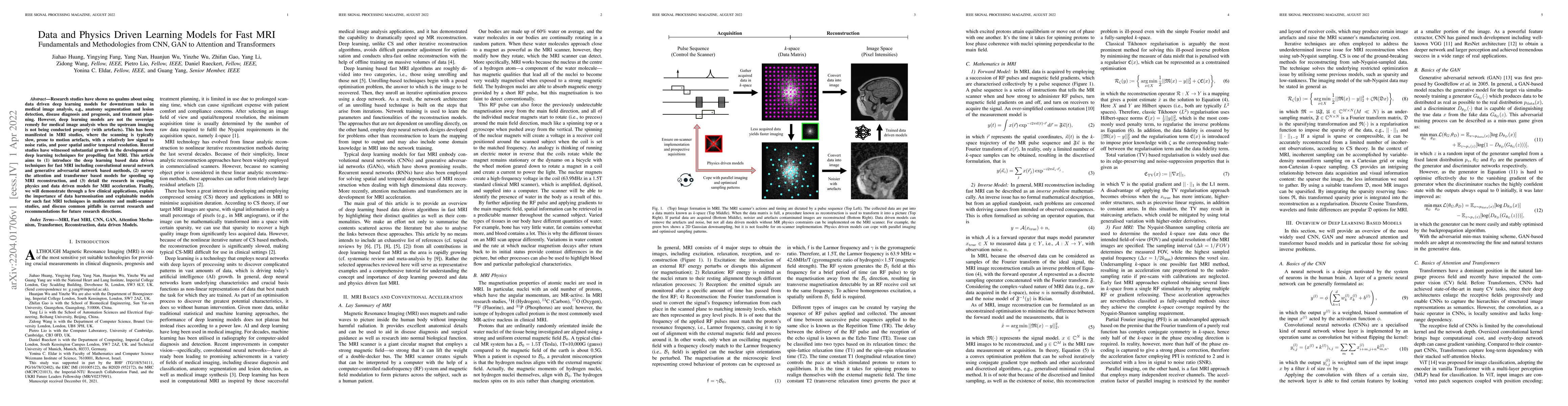 Thumbnail for Data and Physics Driven Learning Models for Fast MRI -- Fundamentals and
  Methodologies from CNN, GAN to Attention and Transformers