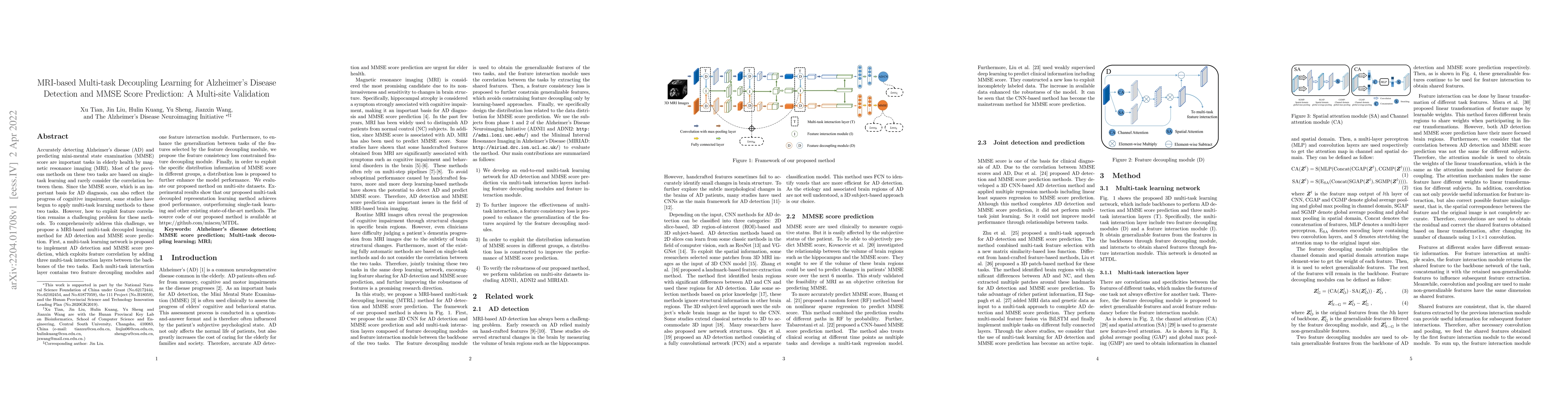 Thumbnail for MRI-based Multi-task Decoupling Learning for Alzheimer's Disease
  Detection and MMSE Score Prediction: A Multi-site Validation