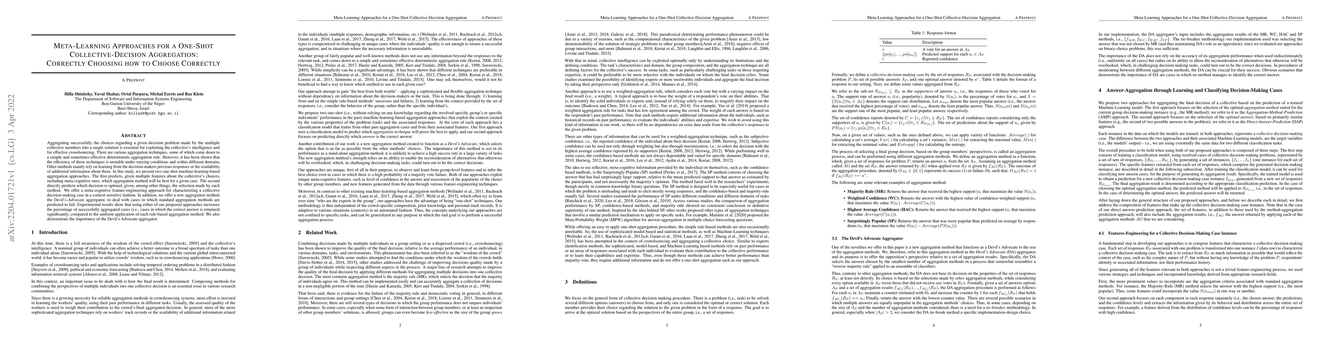 Thumbnail for Meta-Learning Approaches for a One-Shot Collective-Decision Aggregation:
  Correctly Choosing how to Choose Correctly
