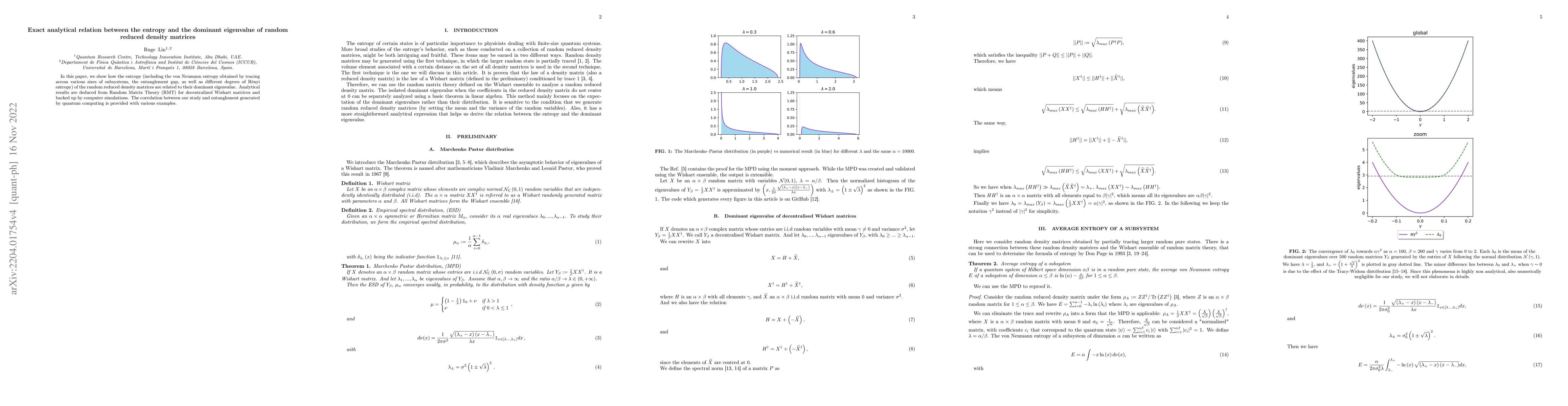 Thumbnail for Exact analytical relation between the entropies and the dominant
  eigenvalue of random reduced density matrices
