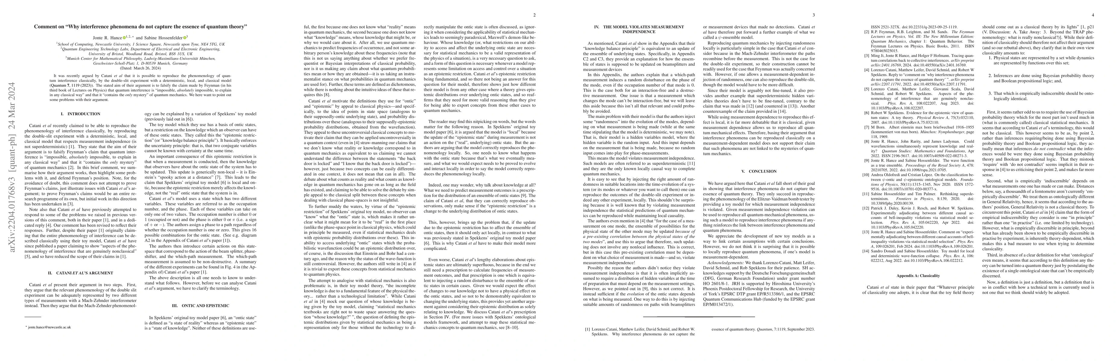 Thumbnail for Comment on "Why interference phenomena do not capture the essence of
  quantum theory"