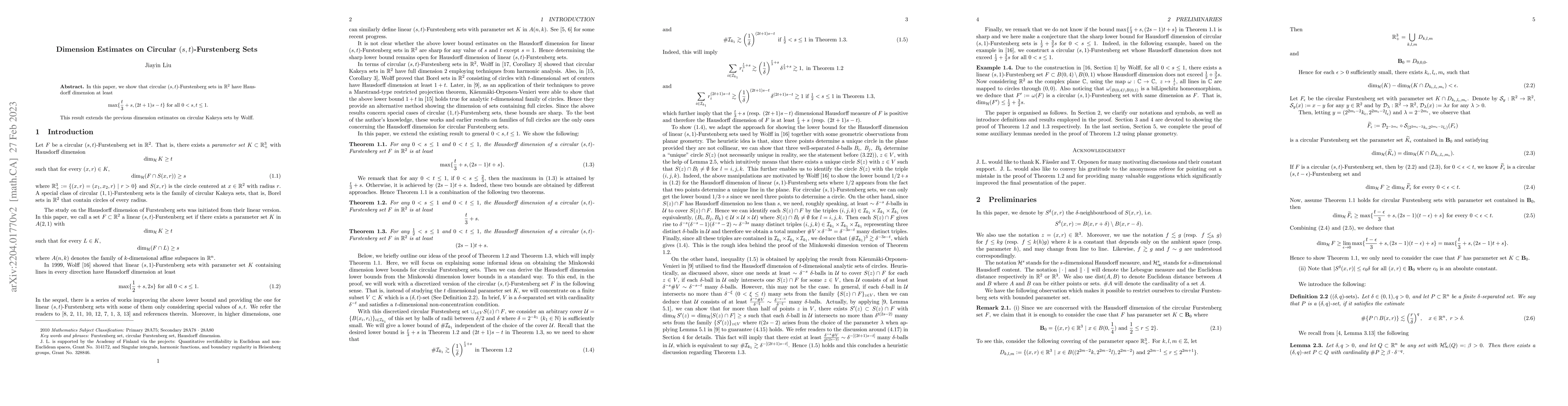 Thumbnail for Dimension Estimates on Circular $(s,t)$-Furstenberg Sets