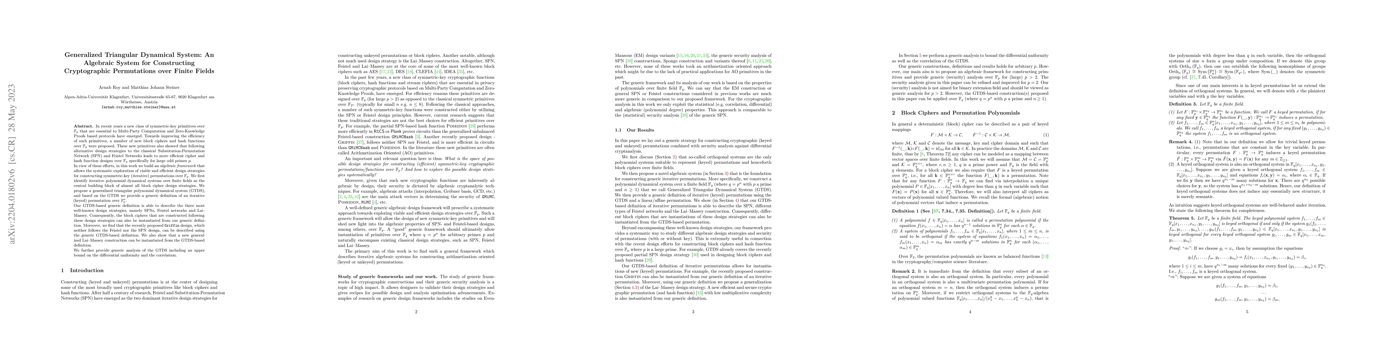 Thumbnail for Generalized Triangular Dynamical System: An Algebraic System for
  Constructing Cryptographic Permutations over Finite Fields