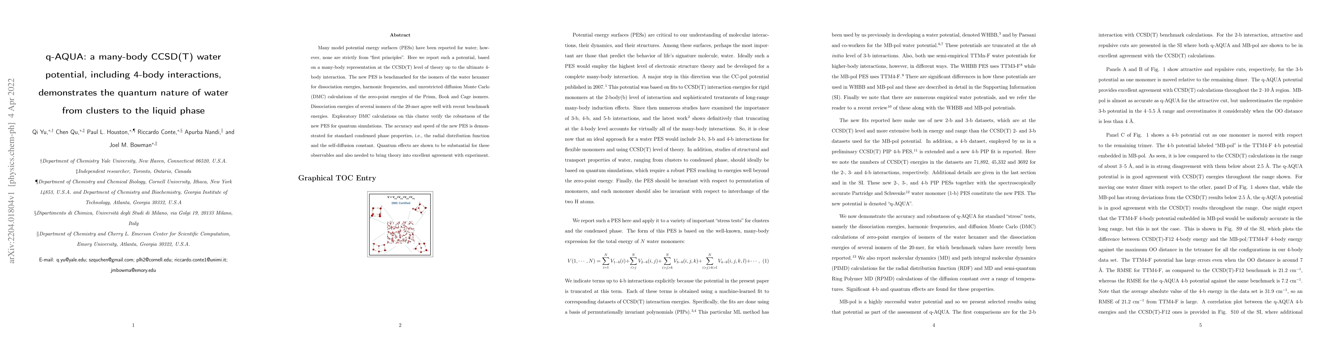 Thumbnail for q-AQUA: a many-body CCSD(T) water potential, including 4-body
  interactions, demonstrates the quantum nature of water from clusters to the
  liquid phase