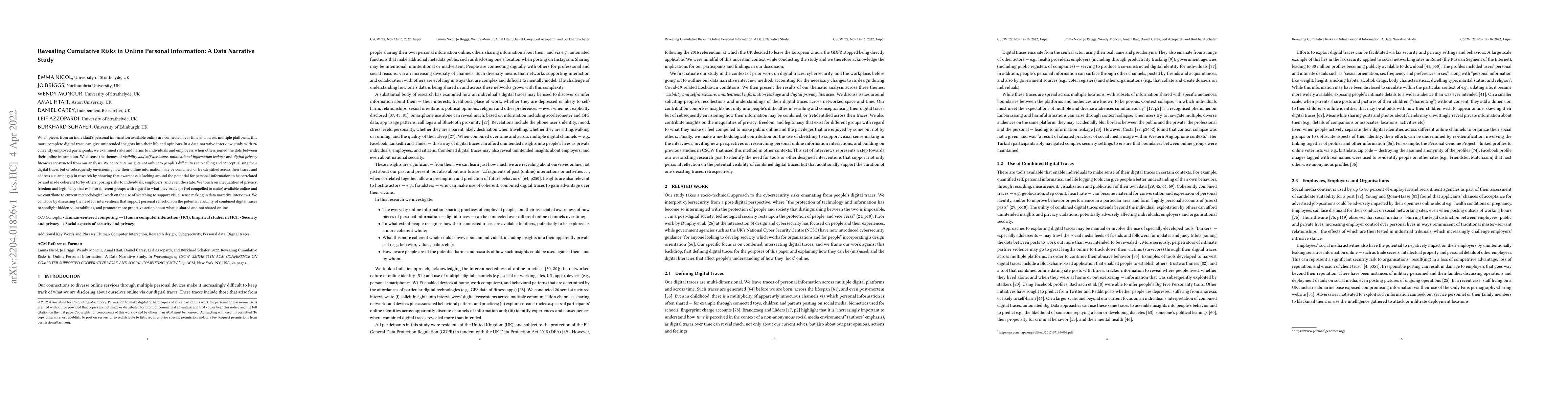 Thumbnail for Revealing Cumulative Risks in Online Personal Information: A Data
  Narrative Study