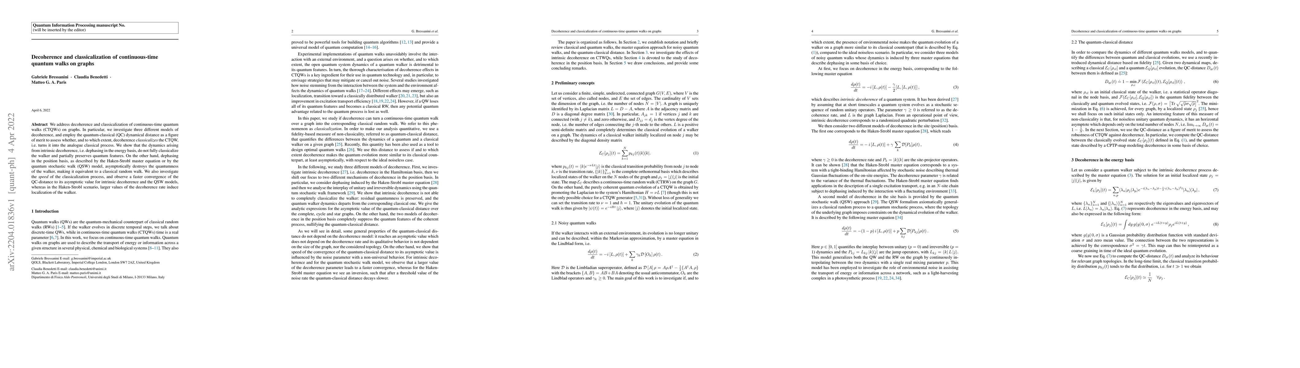 Thumbnail for Decoherence and classicalization of continuous-time quantum walks on
  graphs