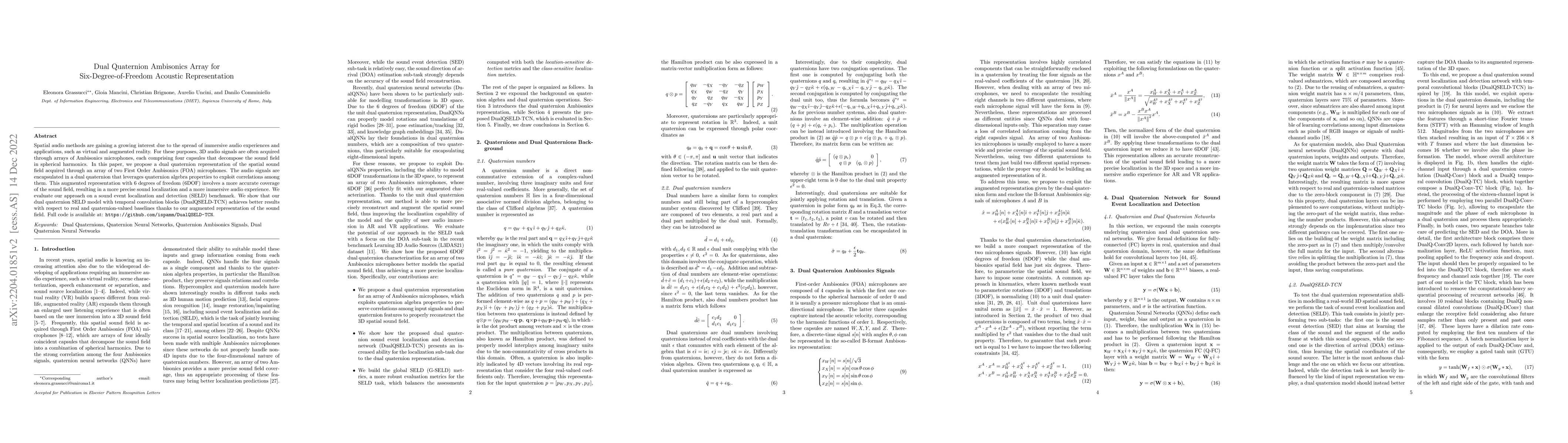 Thumbnail for Dual Quaternion Ambisonics Array for Six-Degree-of-Freedom Acoustic
  Representation