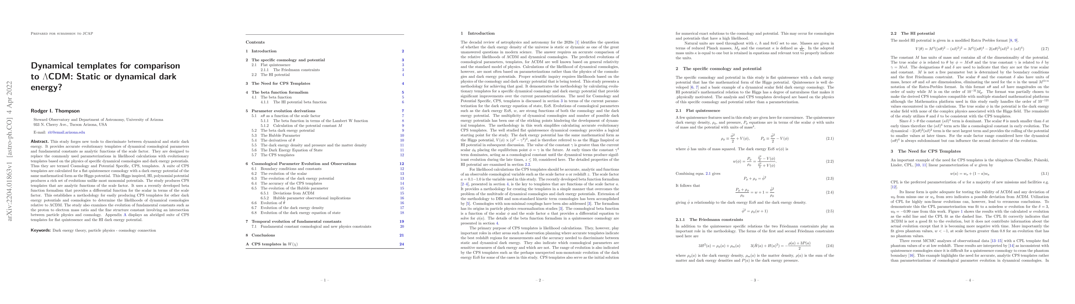 Thumbnail for Dynamical templates for comparison to Lambda CDN: Static or dynamical
  dark energy?