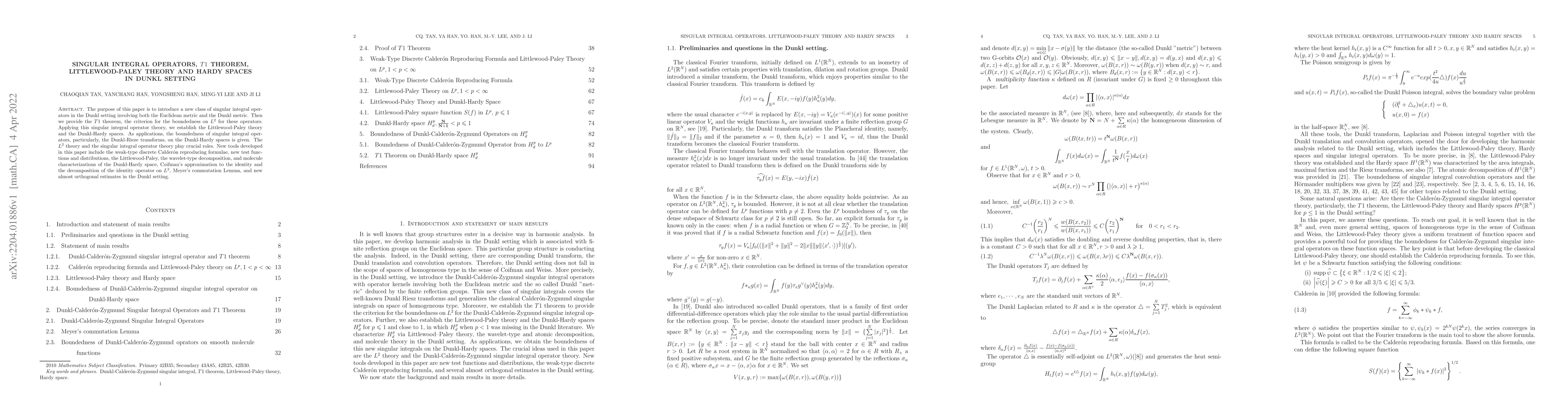 Thumbnail for Singular integral operators, $T1$ theorem, Littlewood-Paley theory and
  Hardy spaces in Dunkl Setting