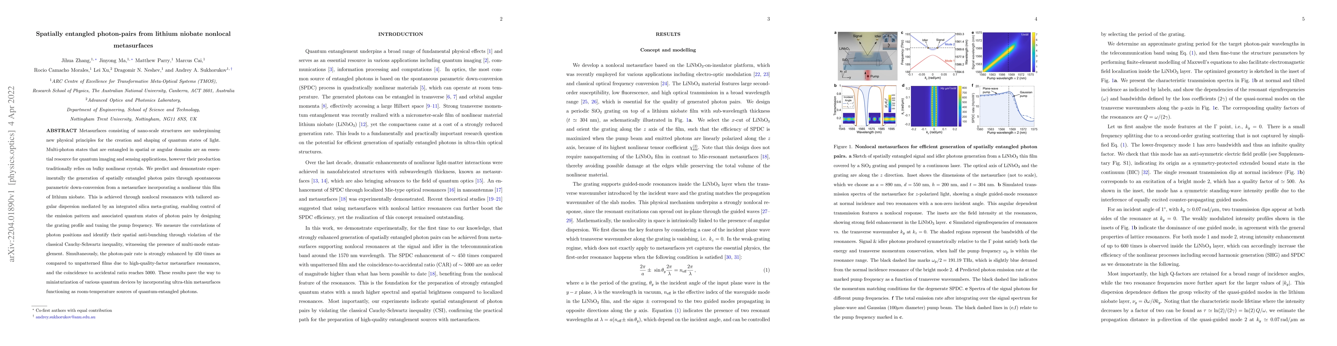 Thumbnail for Spatially entangled photon-pairs from lithium niobate nonlocal
  metasurfaces