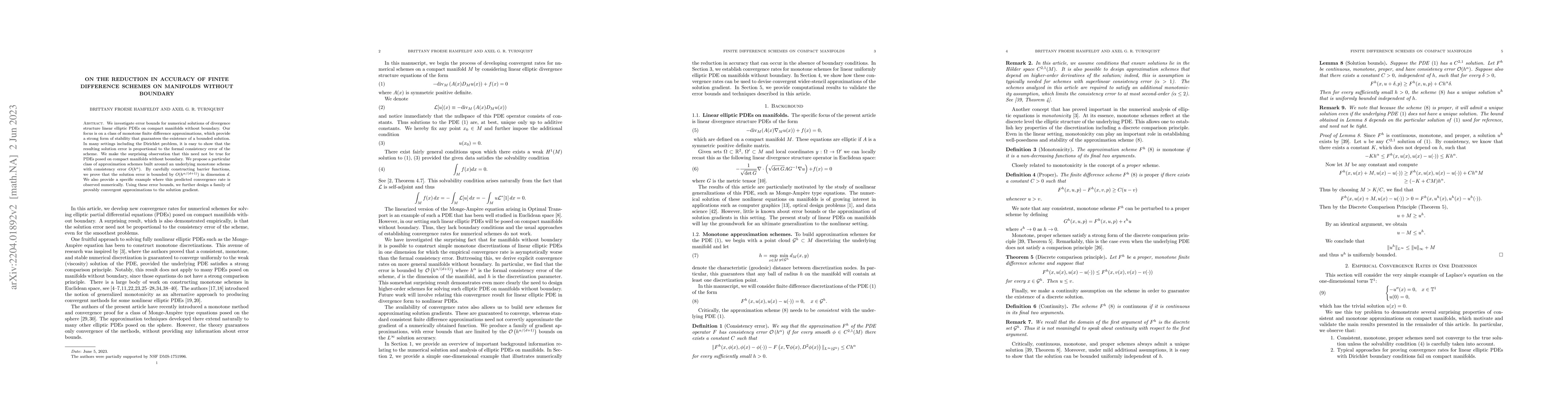 Thumbnail for On the Reduction in Accuracy of Finite Difference Schemes on Manifolds
  without Boundary