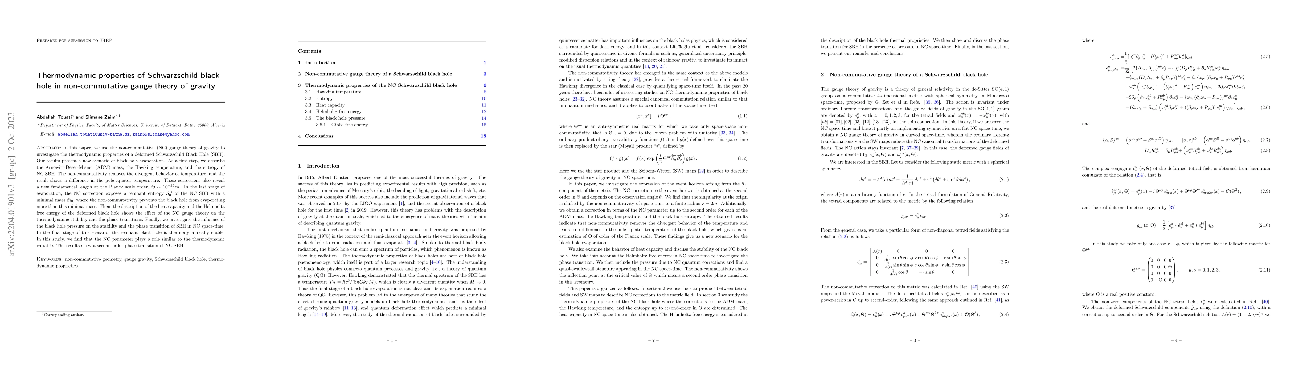 Thumbnail for Thermodynamic Properties of Schwarzschild Black Hole in Non-Commutative
  Gauge Theory of Gravity