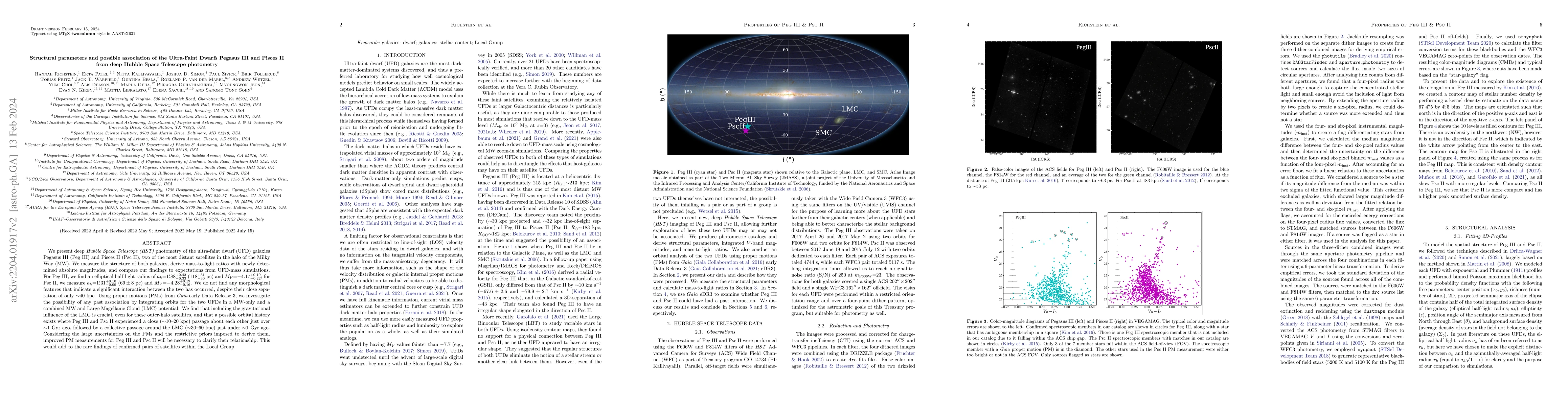 Thumbnail for Structural parameters and possible association of the Ultra-Faint Dwarfs
  Pegasus III and Pisces II from deep Hubble Space Telescope photometry