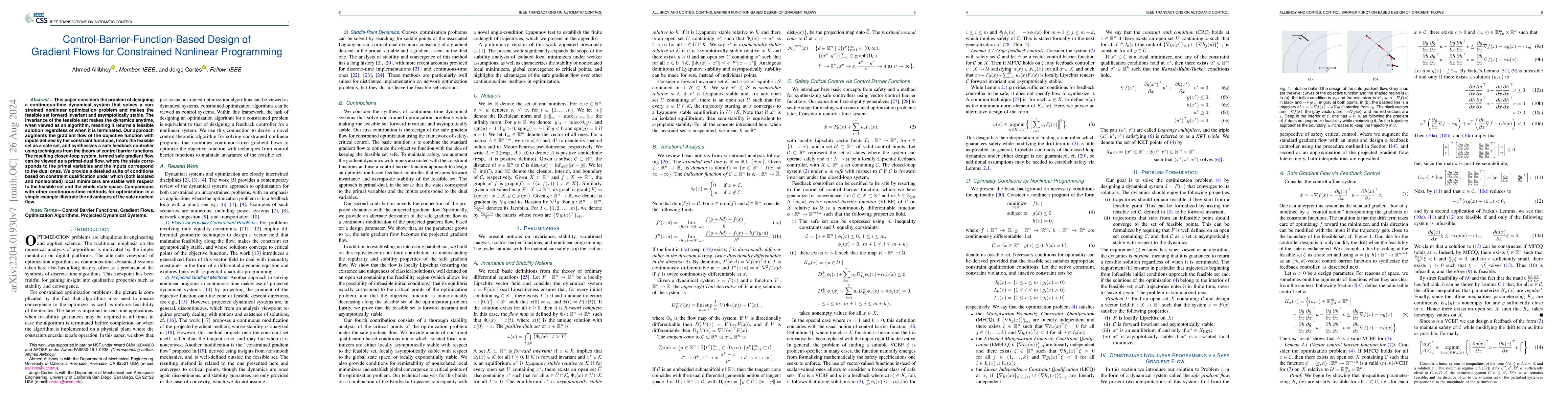 Thumbnail for Control Barrier Function Based Design of Gradient Flows for Constrained
  Nonlinear Programming