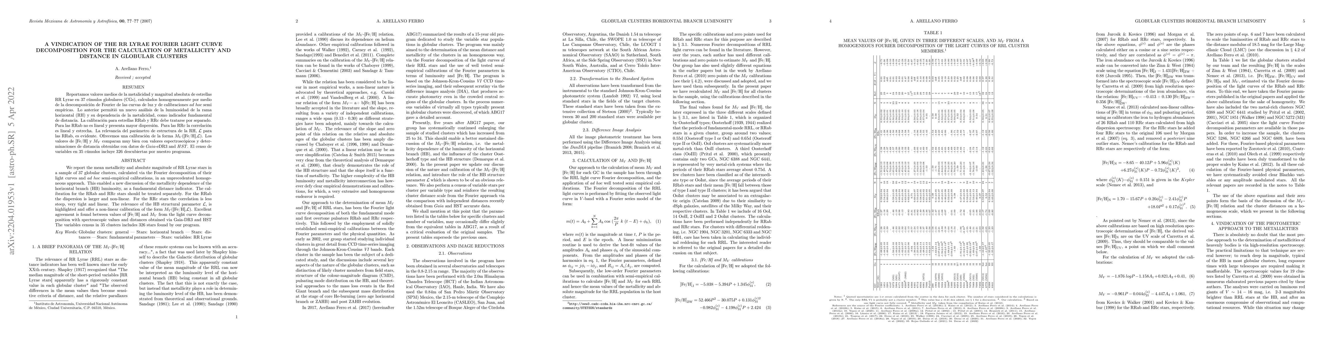 Thumbnail for A vindication of the RR Lyrae Fourier light curve decomposition for the
  calculation of metallicity and distance in globular clusters