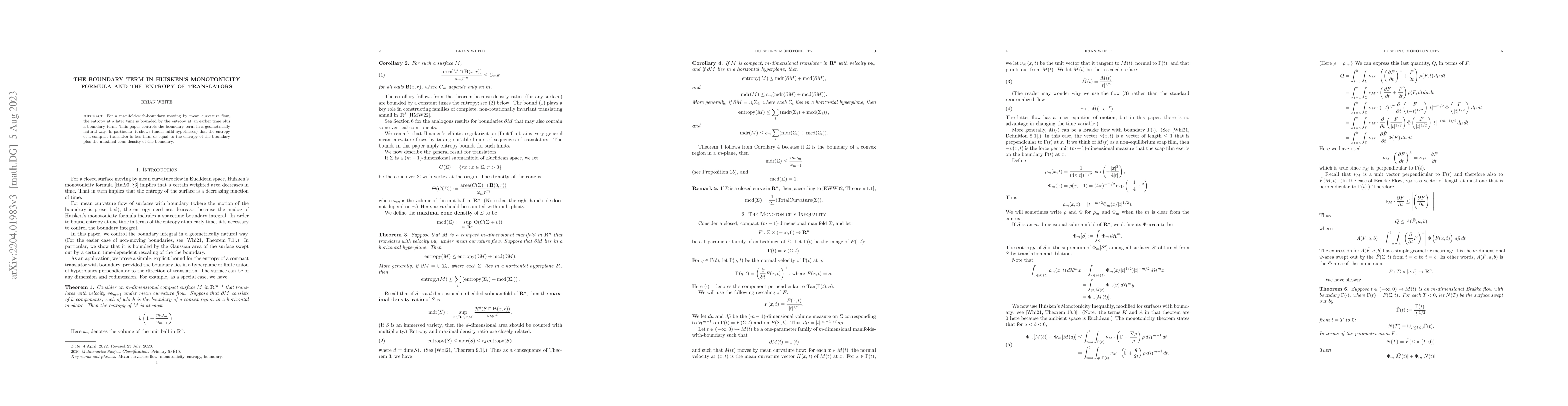 Thumbnail for The Boundary Term in Huisken's Monotonicity Formula and the Entropy of
  Translators