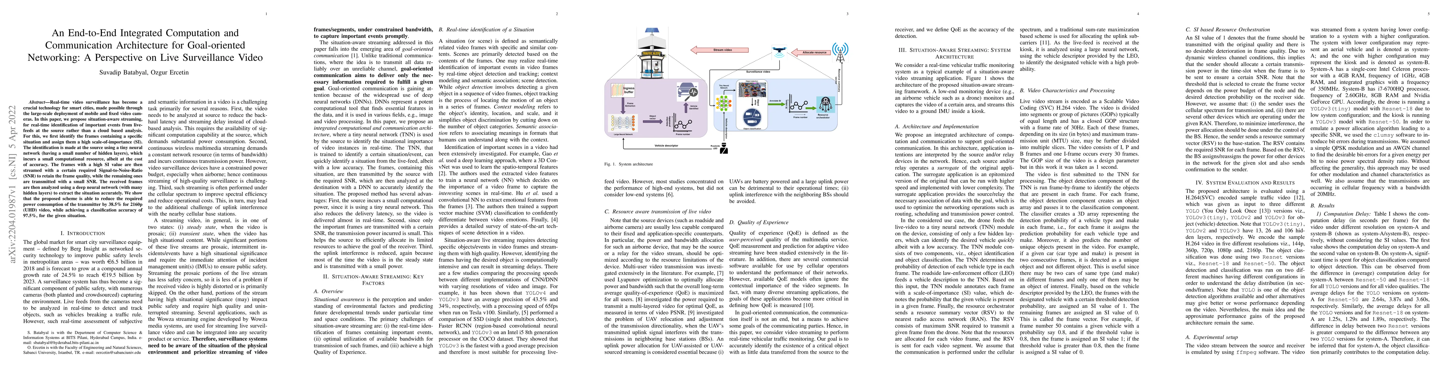 Thumbnail for An End-to-End Integrated Computation and Communication Architecture for
  Goal-oriented Networking: A Perspective on Live Surveillance Video
