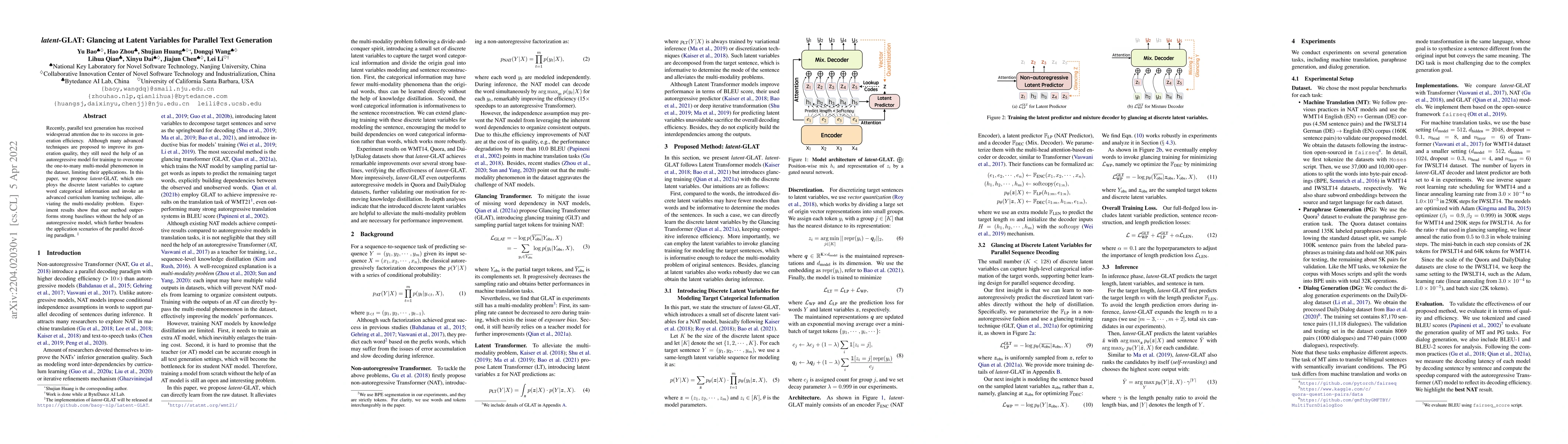 Thumbnail for $\textit{latent}$-GLAT: Glancing at Latent Variables for Parallel Text
  Generation