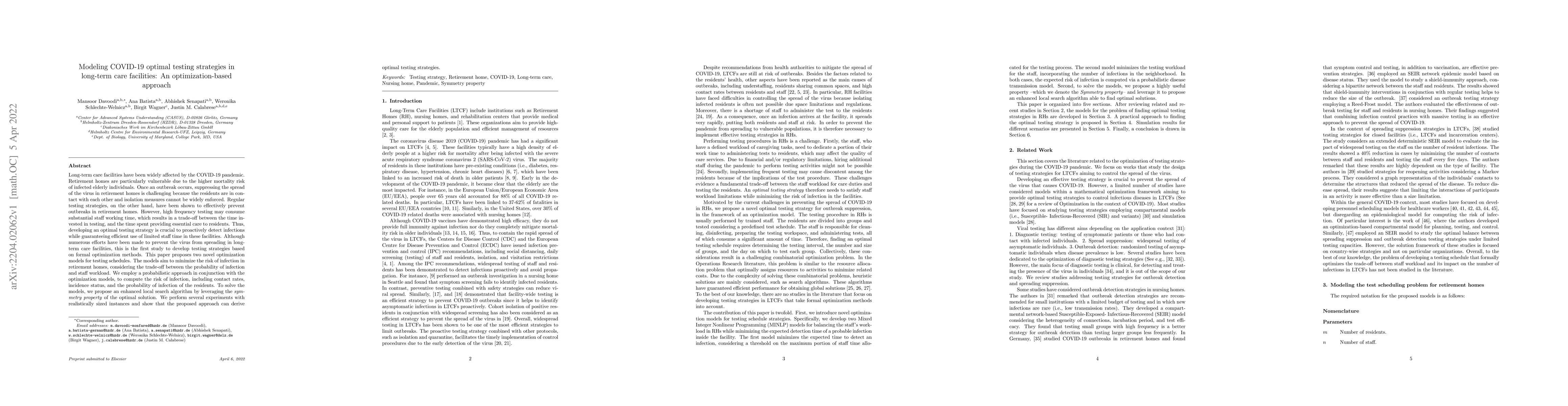Thumbnail for Modeling COVID-19 optimal testing strategies in long-term care
  facilities: An optimization-based approach