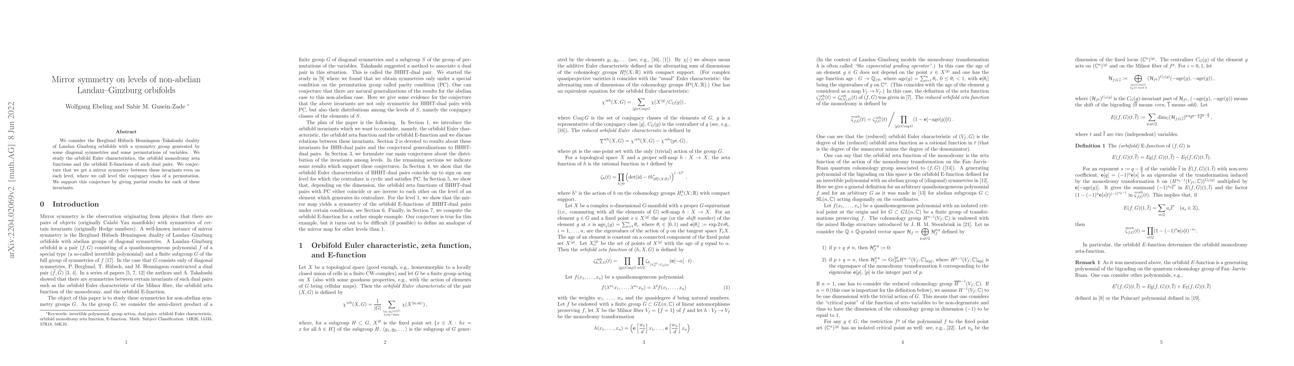 Thumbnail for Mirror symmetry on levels of non-abelian Landau--Ginzburg orbifolds