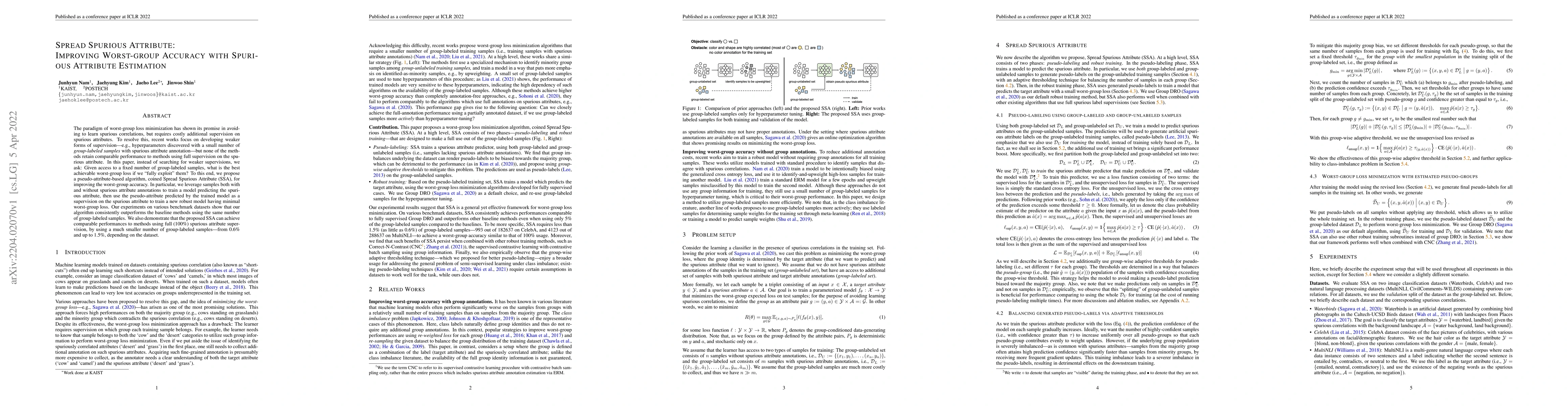 Thumbnail for Spread Spurious Attribute: Improving Worst-group Accuracy with Spurious
  Attribute Estimation