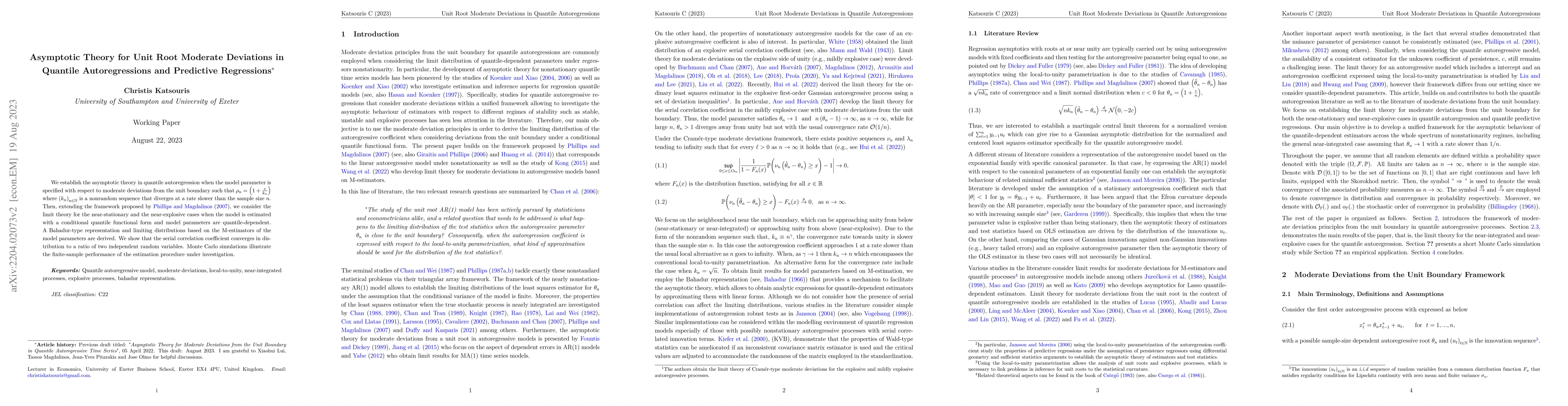 Thumbnail for Asymptotic Theory for Unit Root Moderate Deviations in Quantile
  Autoregressions and Predictive Regressions