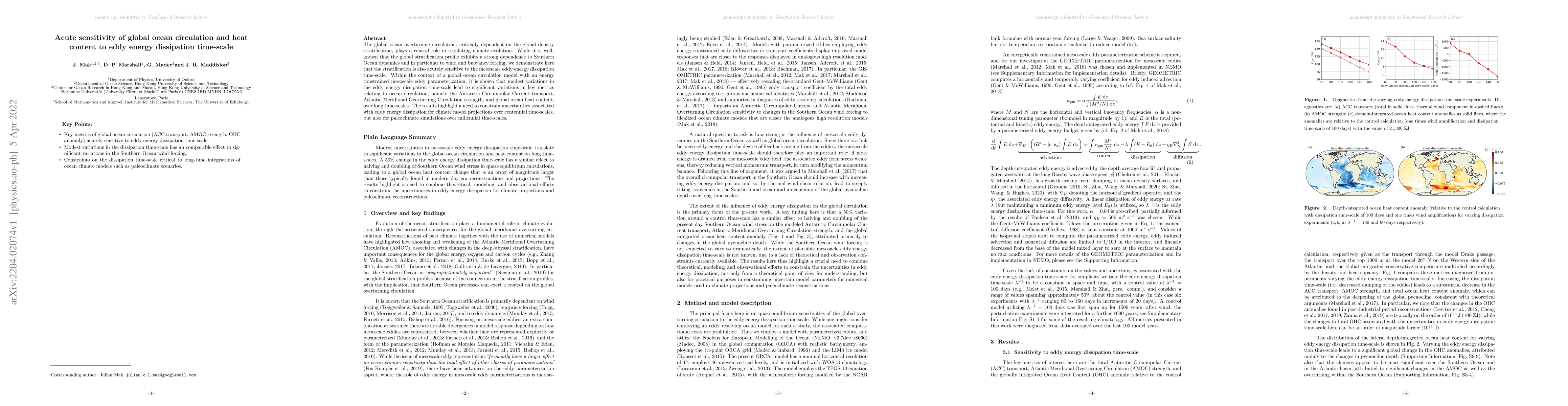 Thumbnail for Acute sensitivity of global ocean circulation and heat content to eddy
  energy dissipation time-scale