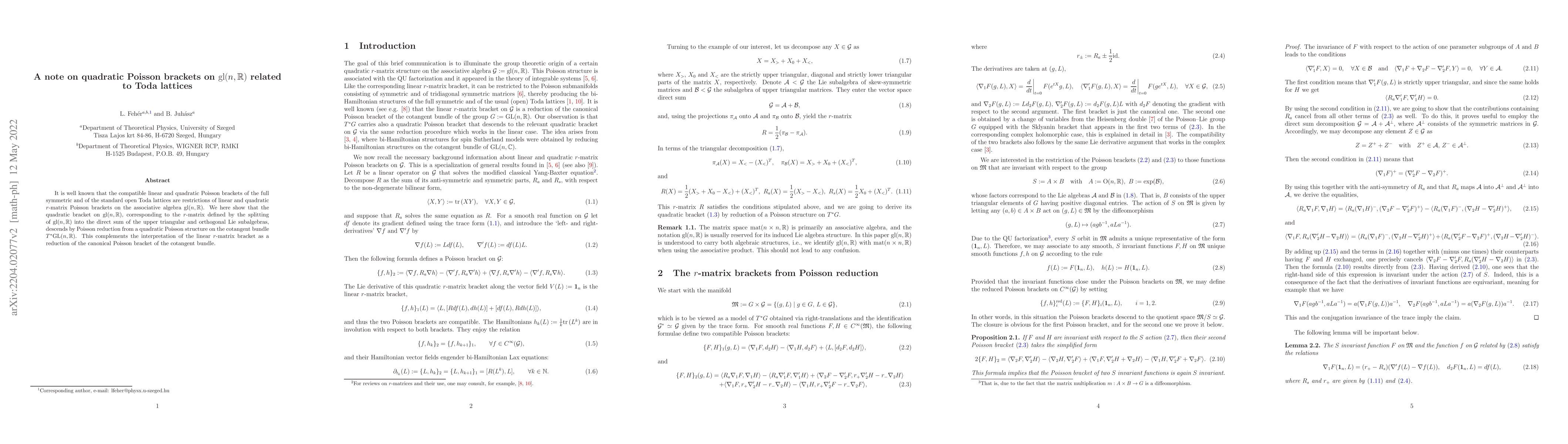 Thumbnail for A note on quadratic Poisson brackets on ${\mathrm{gl}}(n,{\mathbb{R}})$
  related to Toda lattices