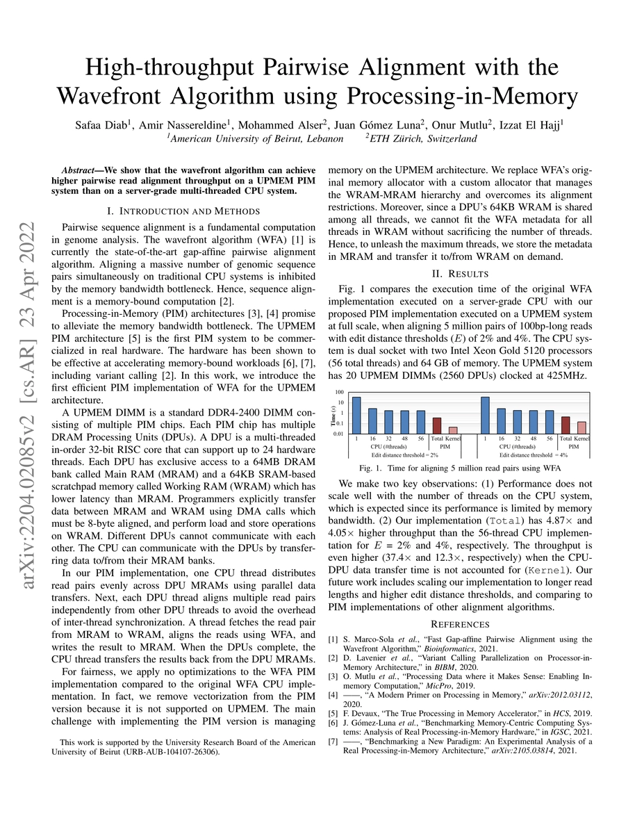 Thumbnail for High-throughput Pairwise Alignment with the Wavefront Algorithm using
  Processing-in-Memory