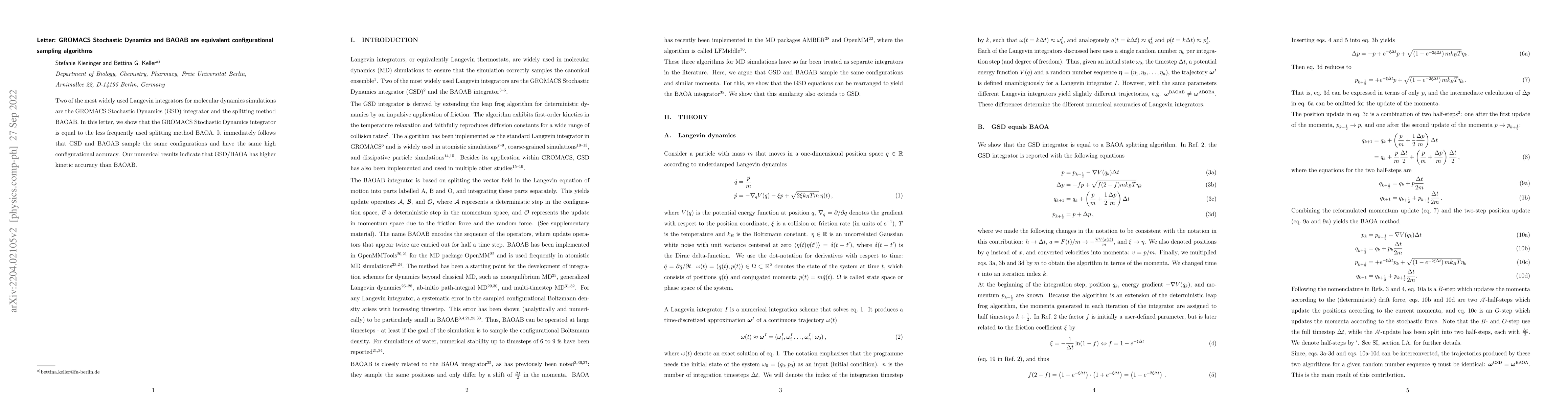 Thumbnail for GROMACS Stochastic Dynamics and BAOAB are equivalent configurational
  sampling algorithms