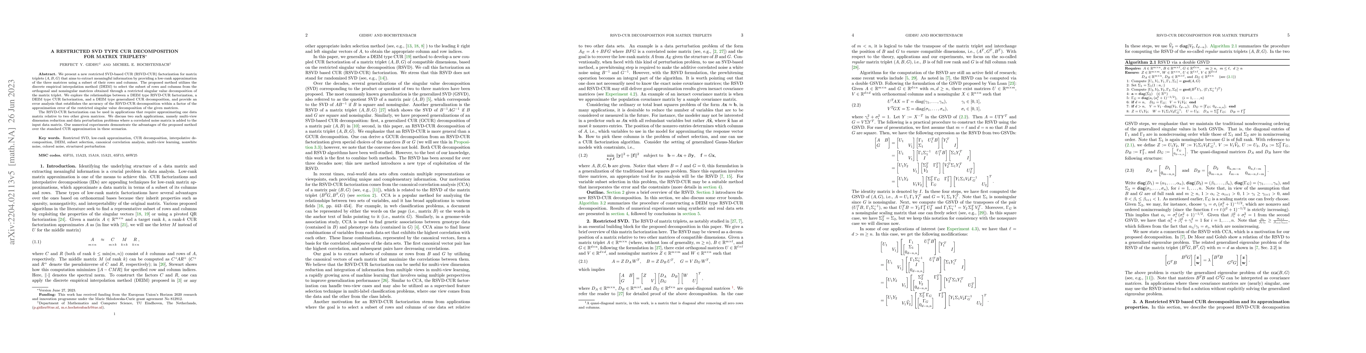 Thumbnail for A Restricted SVD type CUR Decomposition for Matrix Triplets