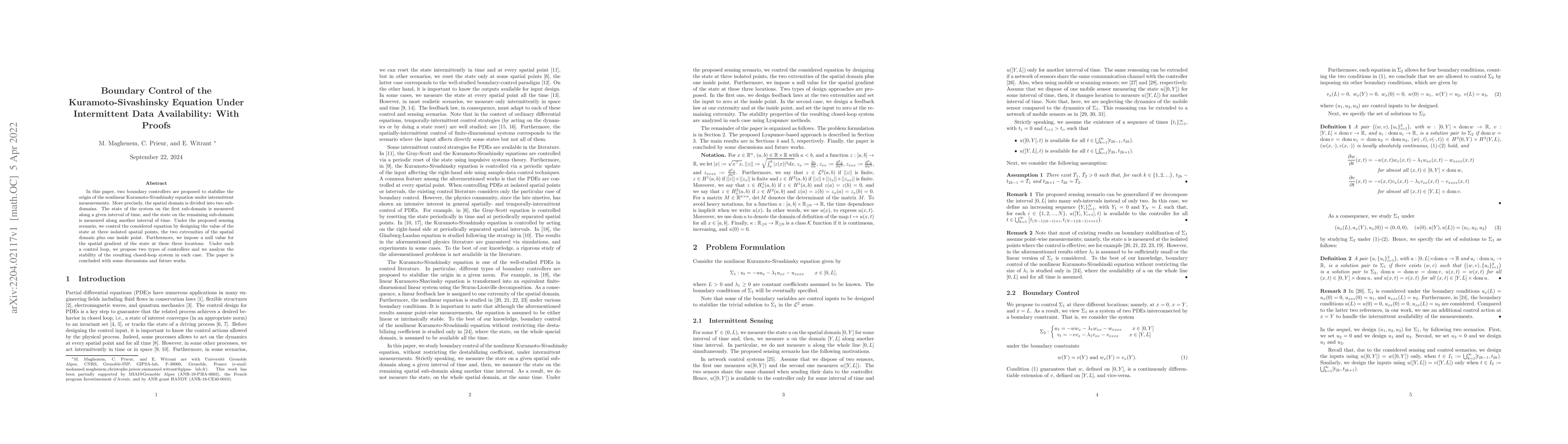 Thumbnail for Boundary Control of the Kuramoto-Sivashinsky Equation Under Intermittent
  Data Availability: With Proofs
