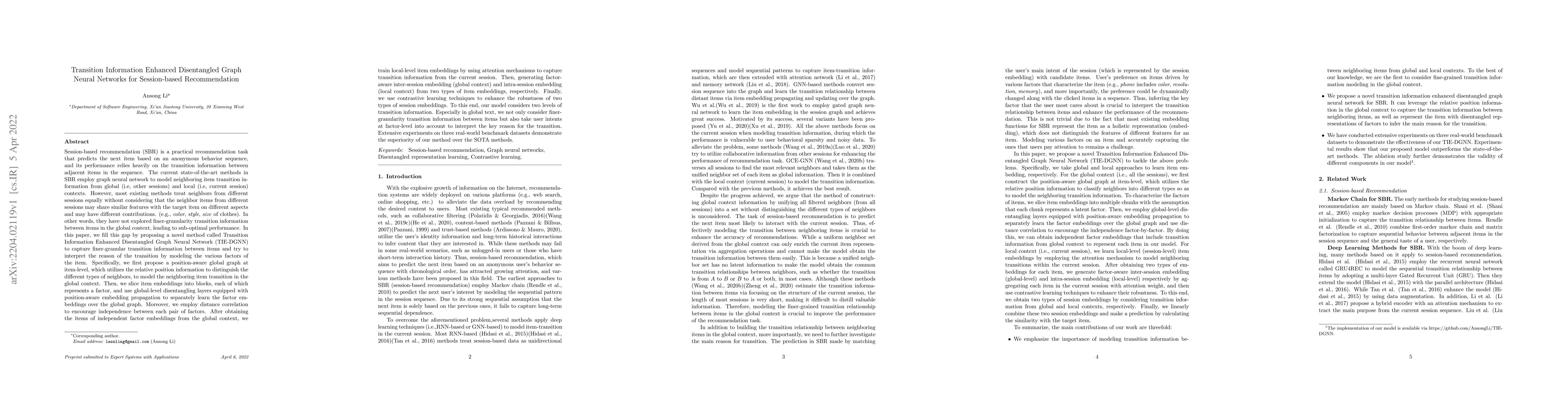 Thumbnail for Transition Information Enhanced Disentangled Graph Neural Networks for
  Session-based Recommendation