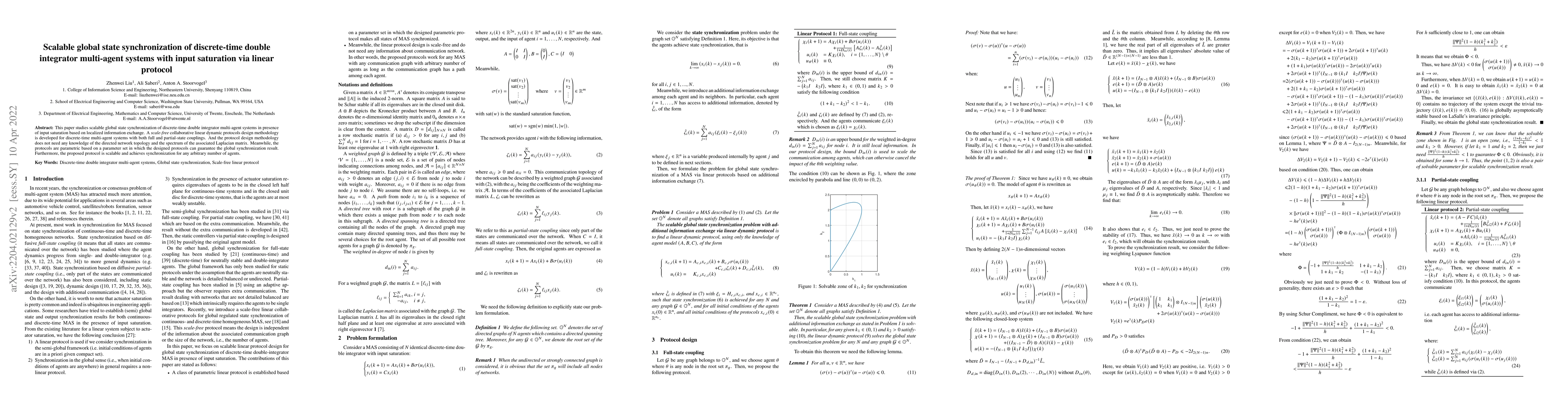 Thumbnail for Scalable global state synchronization of discrete-time double integrator
  multi-agent systems with input saturation via linear protocol (Completed
  Version)