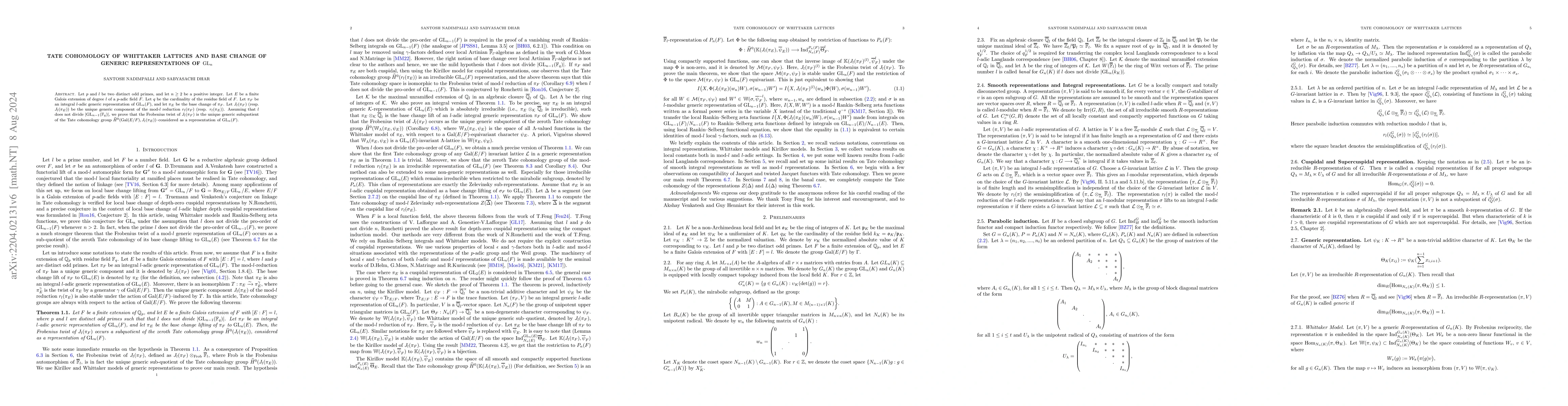 Thumbnail for Tate cohomology of Whittaker lattices and base change of generic
  representations of ${\rm GL}_n$