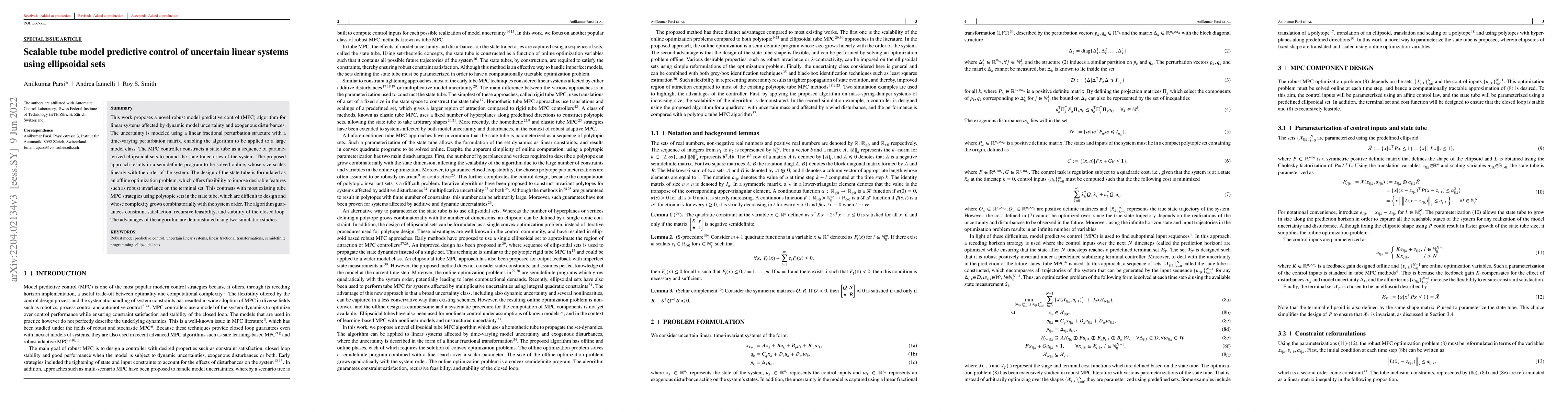 Thumbnail for Scalable tube model predictive control of uncertain linear systems using
  ellipsoidal sets