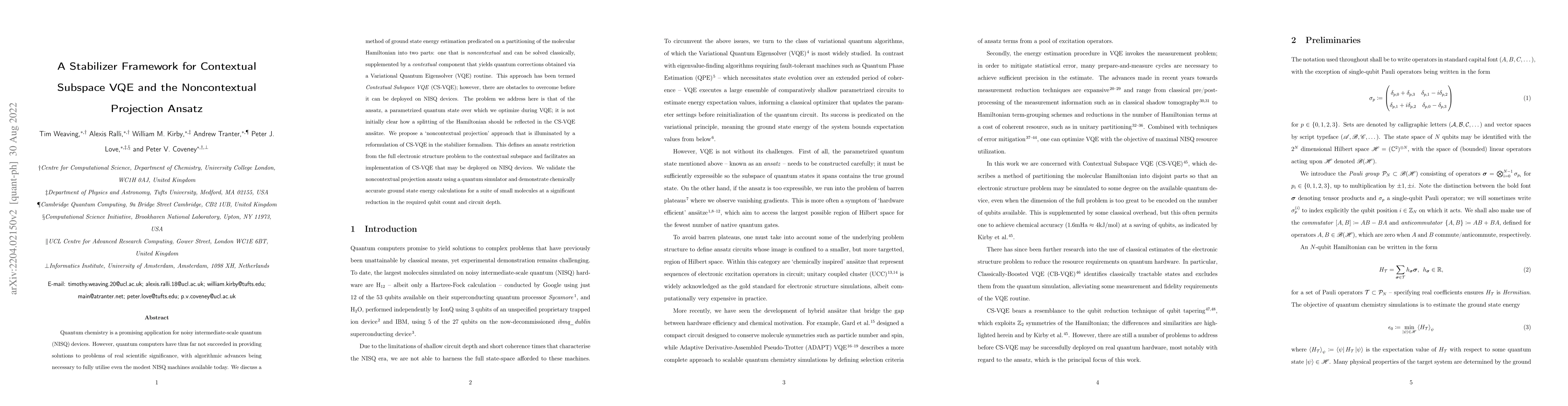 Thumbnail for A stabilizer framework for Contextual Subspace VQE and the noncontextual
  projection ansatz