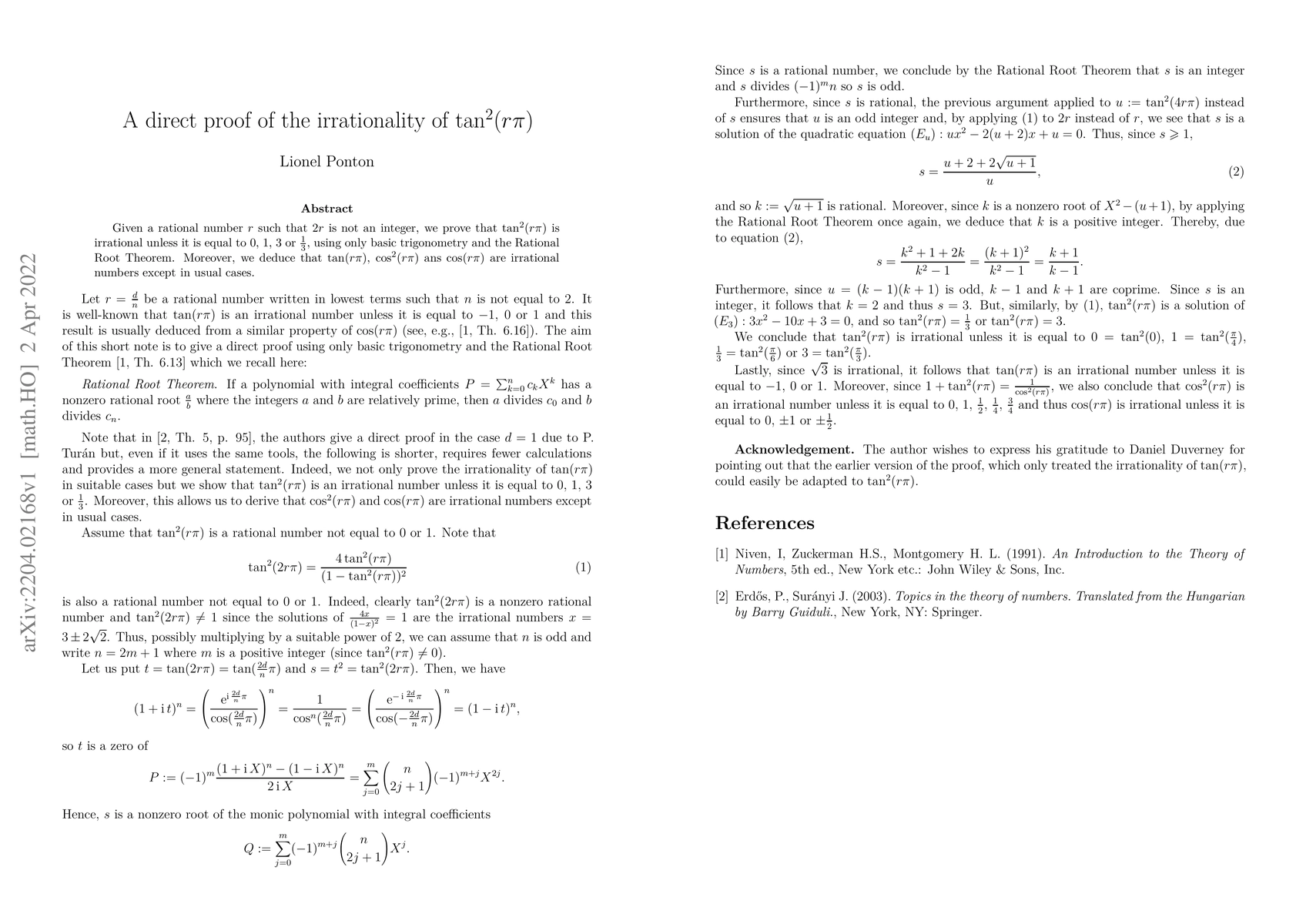 Thumbnail for A direct proof of the irrationality of $\tan^2(r \pi)$