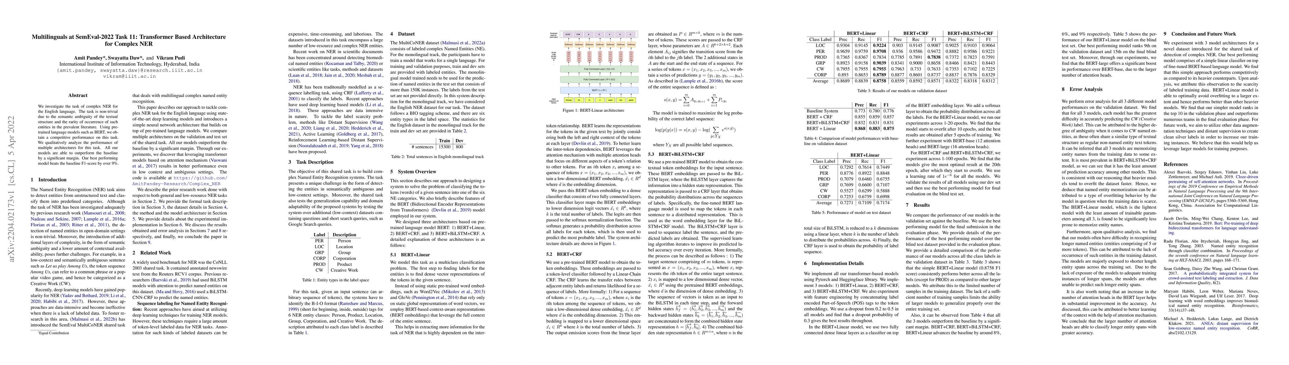 Thumbnail for Multilinguals at SemEval-2022 Task 11: Transformer Based Architecture
  for Complex NER