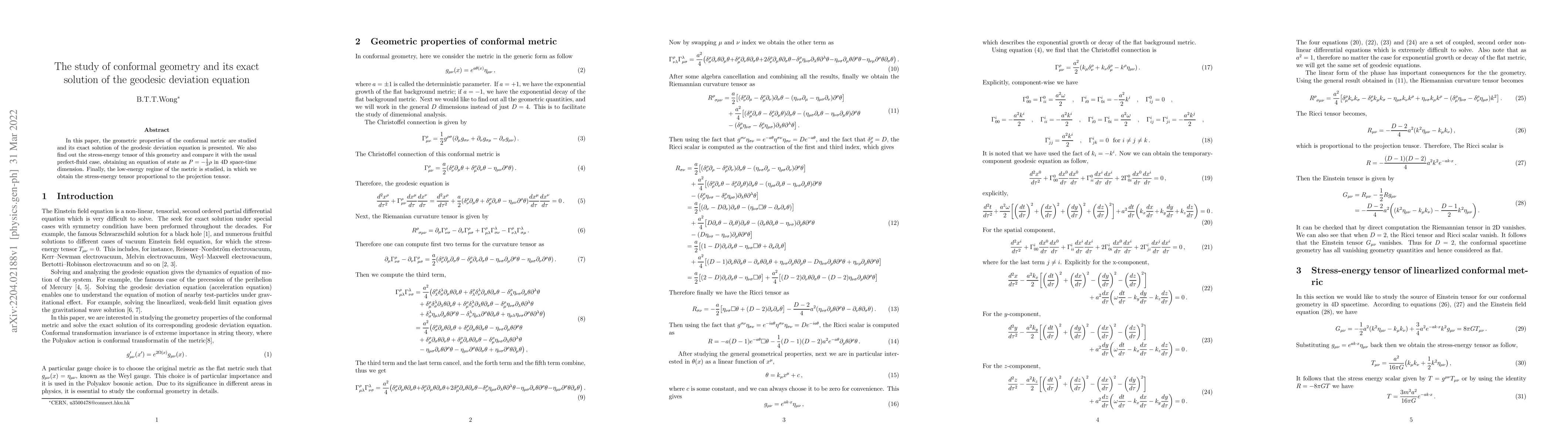 Thumbnail for The study of conformal geometry and its exact solution of the geodesic
  deviation equation