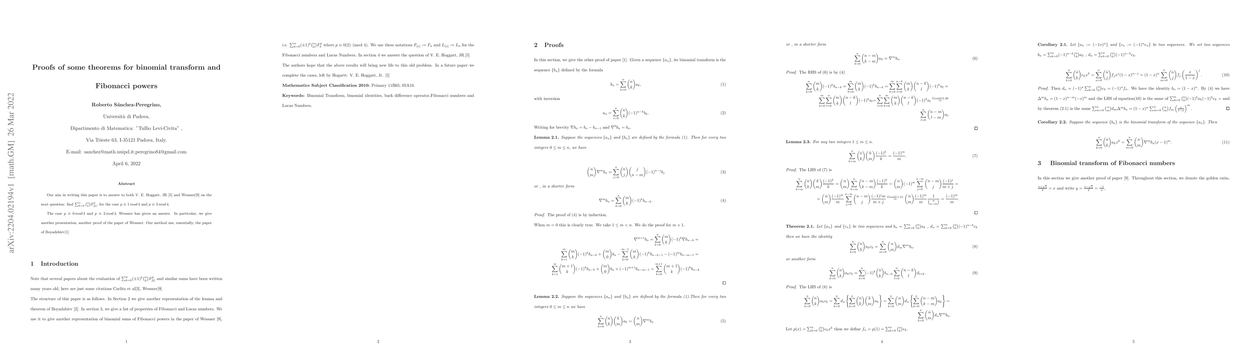 Thumbnail for New proofs of some theorems for binomial transform and Fibonacci powers
