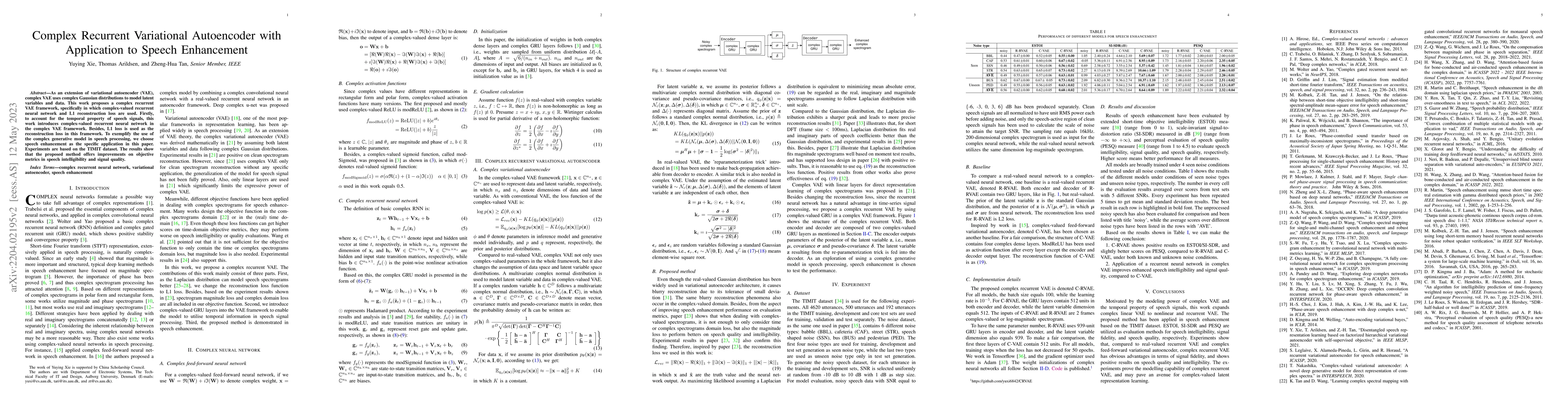 Thumbnail for Complex Recurrent Variational Autoencoder with Application to Speech
  Enhancement