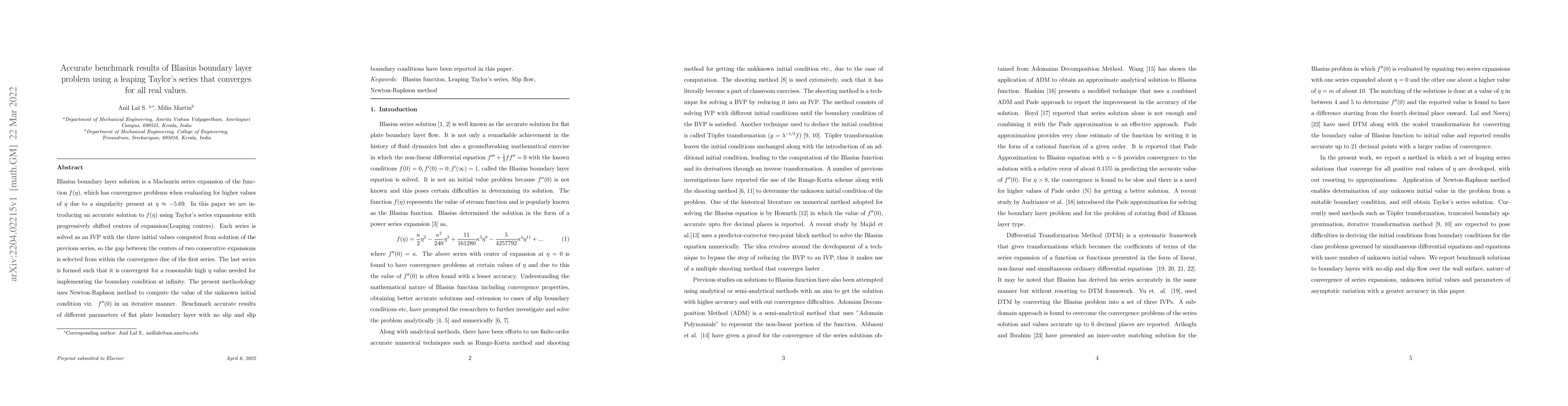Thumbnail for Accurate benchmark results of Blasius boundary layer problem using a
  leaping Taylors series that converges for all real values