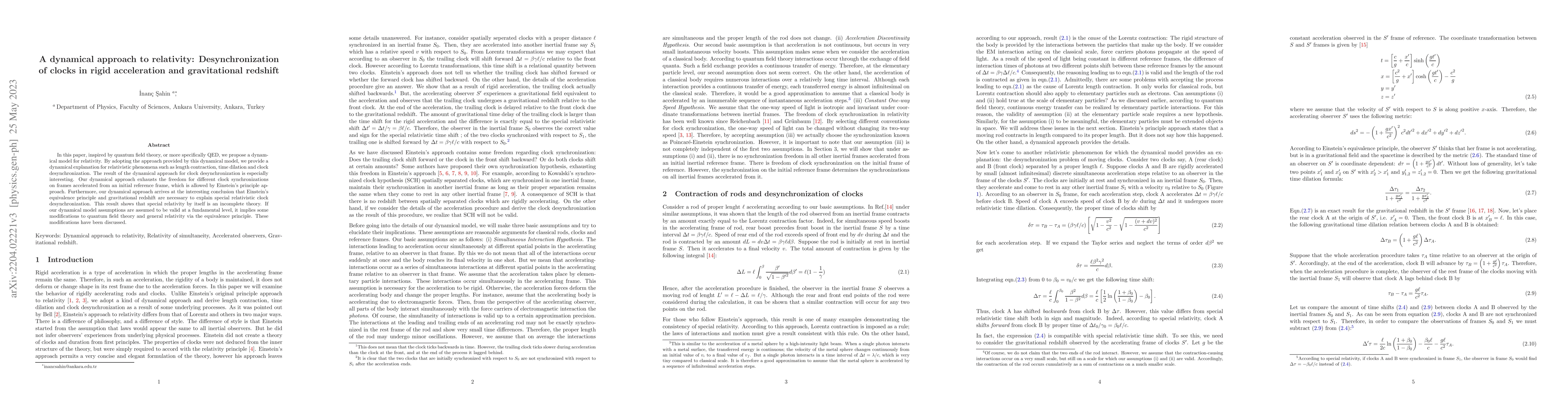Thumbnail for A dynamical approach to relativity: Desynchronization of clocks in rigid
  acceleration and gravitational redshift