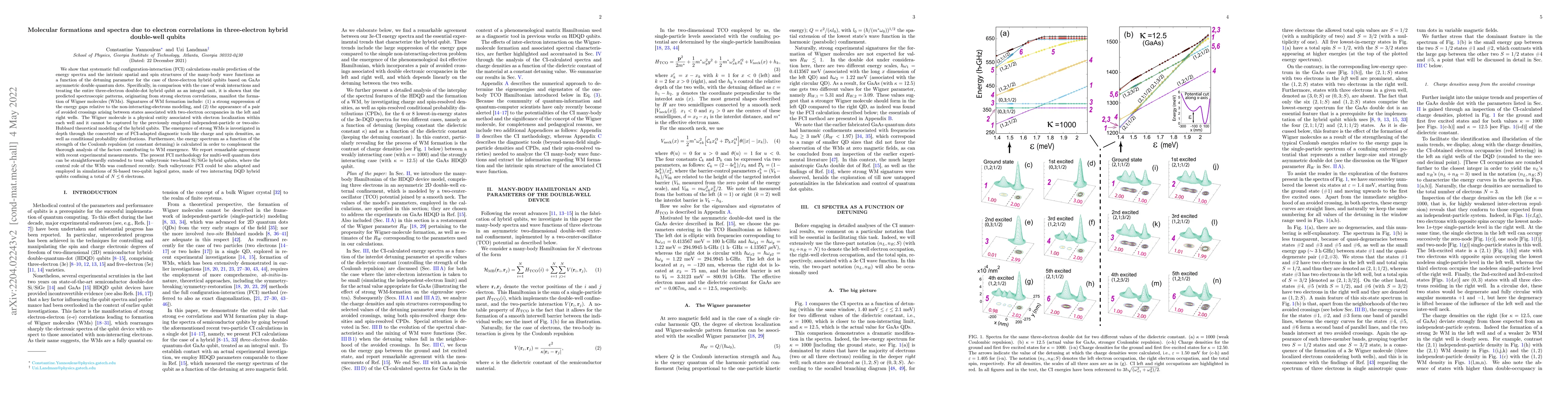 Thumbnail for Molecular formations and spectra due to electron correlations in
  three-electron hybrid double-well qubits