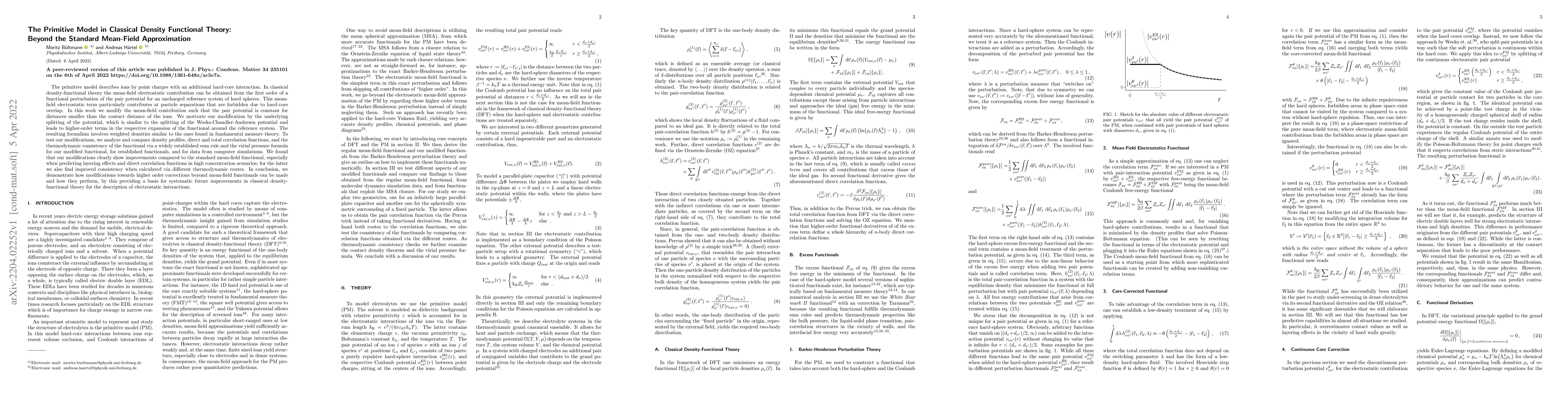 Thumbnail for The Primitive Model in Classical Density Functional Theory: Beyond the
  Standard Mean-Field Approximation