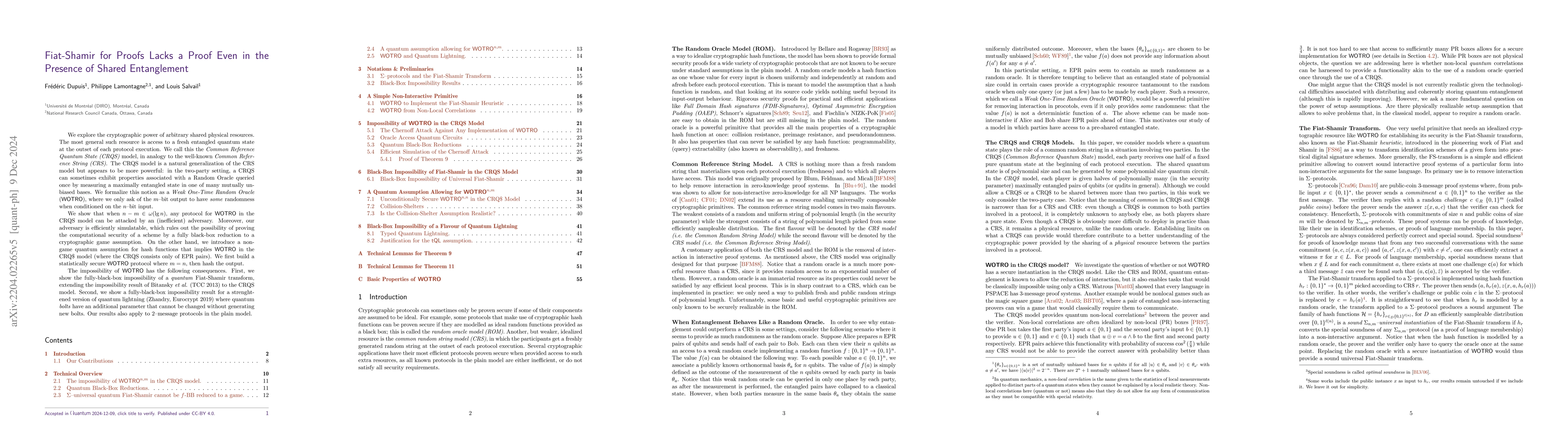 Thumbnail for Fiat-Shamir for Proofs Lacks a Proof Even in the Presence of Shared
  Entanglement