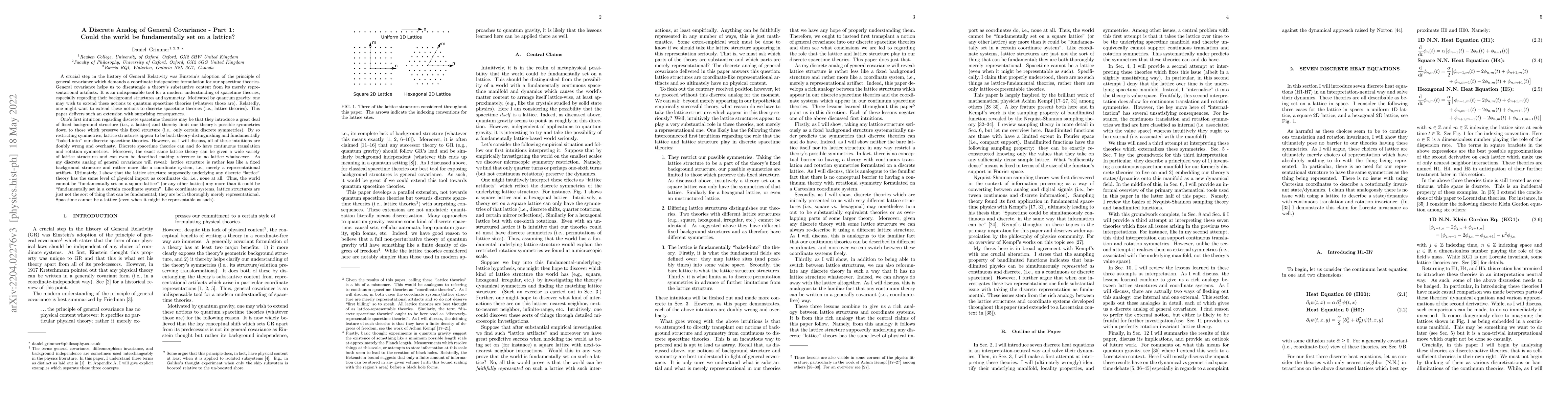 Thumbnail for A Discrete Analog of General Covariance -- Part 1: Could the world be
  fundamentally set on a lattice?