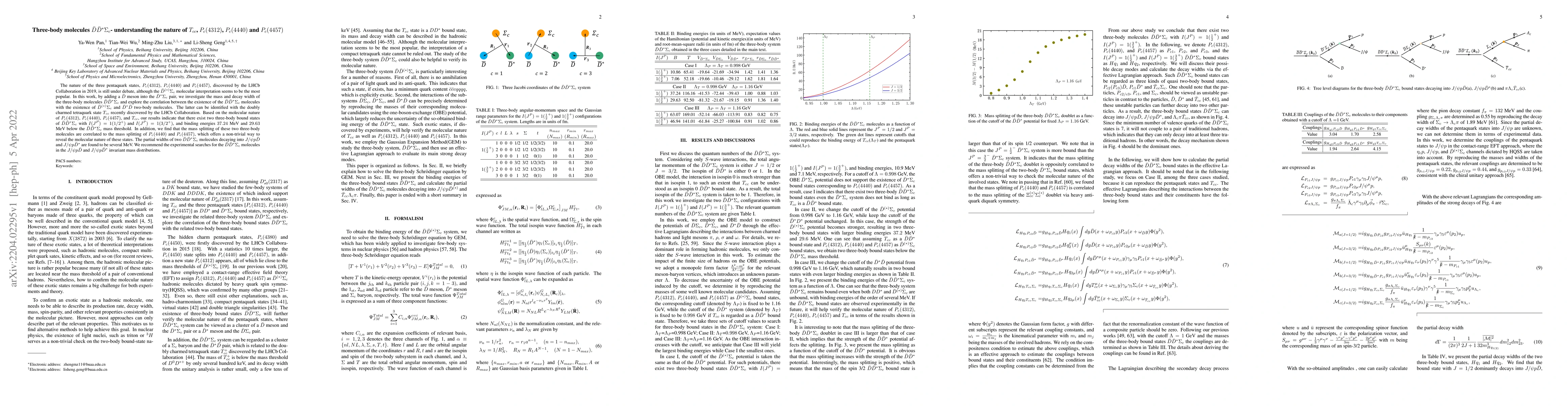 Thumbnail for Three-body molecules $\bar{D}\bar{D}^{\ast}\Sigma_{c}$- understanding
  the nature of $T_{cc}$, $P_{c}(4312)$, $P_{c}(4440)$ and $P_{c}(4457)$